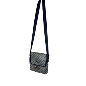 Gucci Crossbody Bag Womens Small Beige Monogram Canvas Bee Navy Strap